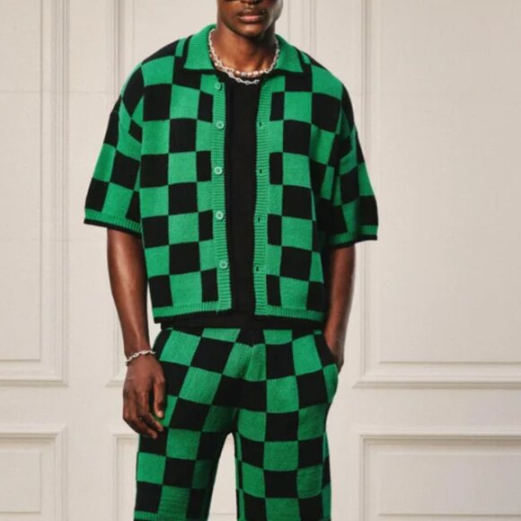 "boohooMAN" Oversized Boxy Open Stitch Checked Shirt & Short Set / Size L - Picture 1 of 16